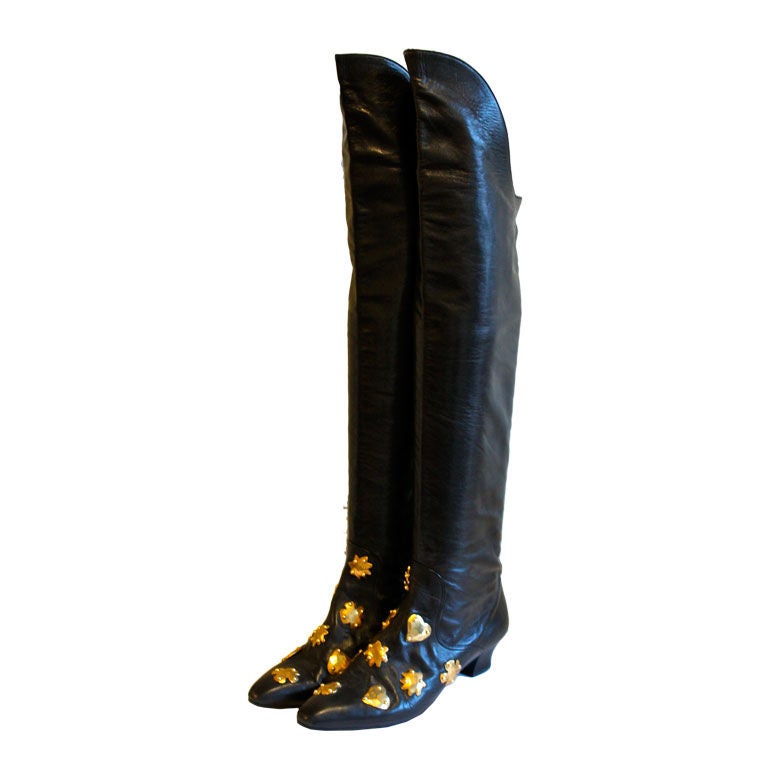 CHRISTIAN LACROIX black over the knee boots with gilt studs at 1stDibs