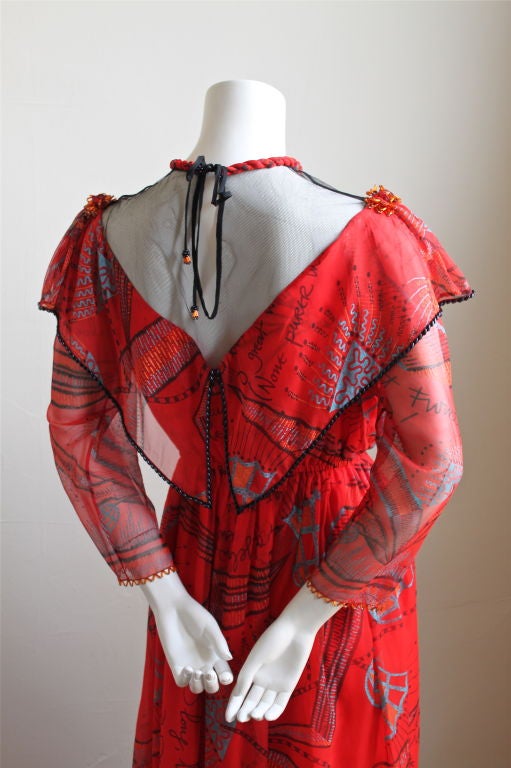 Red 1980's ZANDRA RHODES silk screened dress with beading