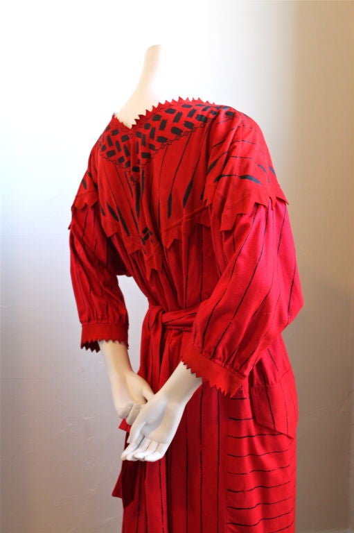 Red ZANDRA RHODES hand painted silk and leather dress