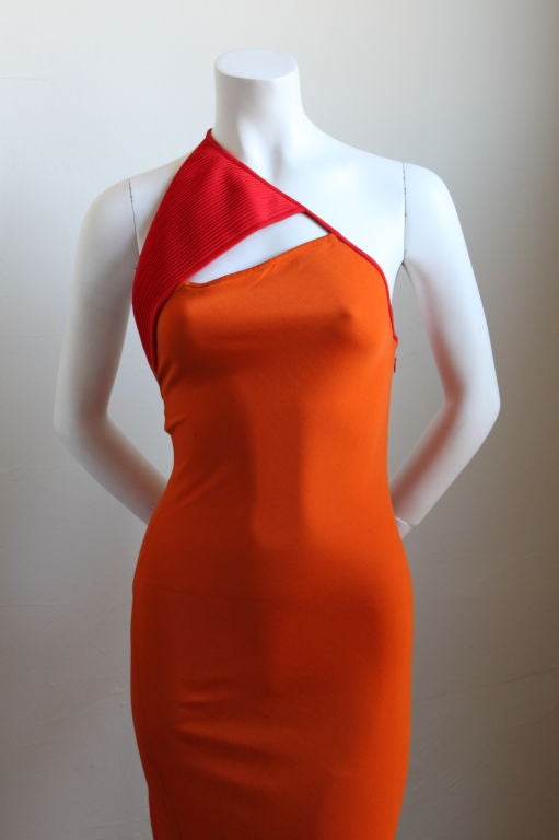GALANOS tangerine jersey gown with asymmetrical pintucked detail at 1stdibs