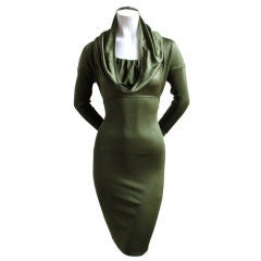 Vintage very rare early 80's AZZEDINE ALAIA olive viscose hooded dress