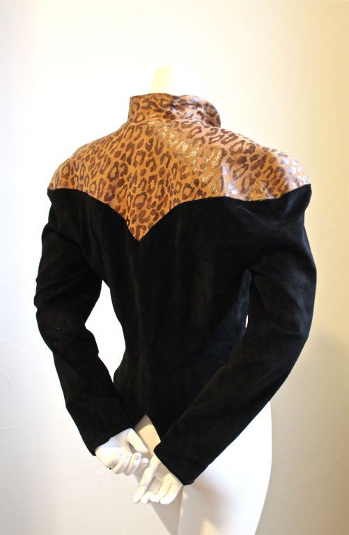 THIERRY MUGLER black suede sculpted jacket with leopard