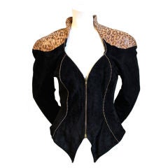 THIERRY MUGLER black suede sculpted jacket with leopard