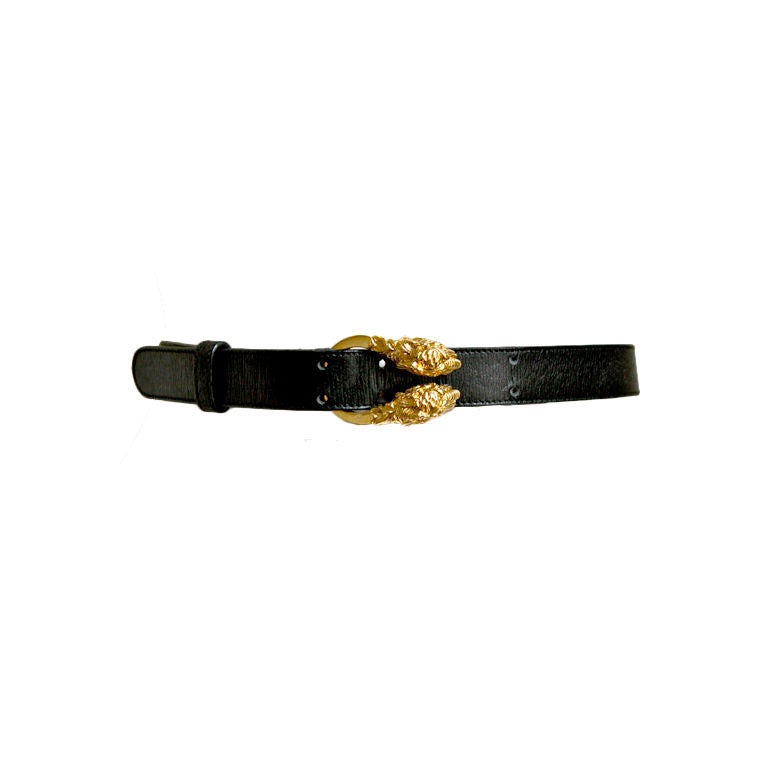 GUCCI black leather belt with gilt double headed lion buckle
