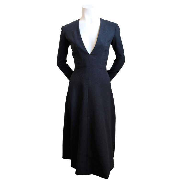 PAULINE TRIGERE charcoal wool dress with deep V neckline