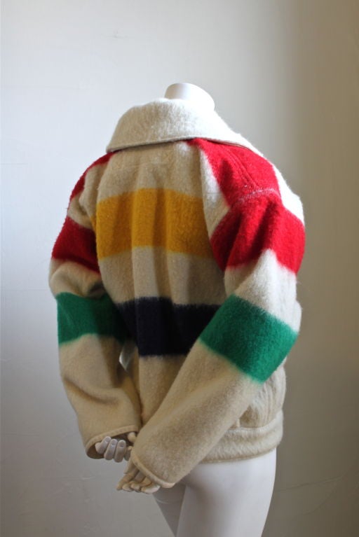 Unique 'Hudson bay' wool blanket jacket from Jean-Charles de Castelbajac dating to the 1970's. Large dramatic collar. Patch pockets at front chest. Fits a US 2-6. Approximate measurements:  shoulders along top 22