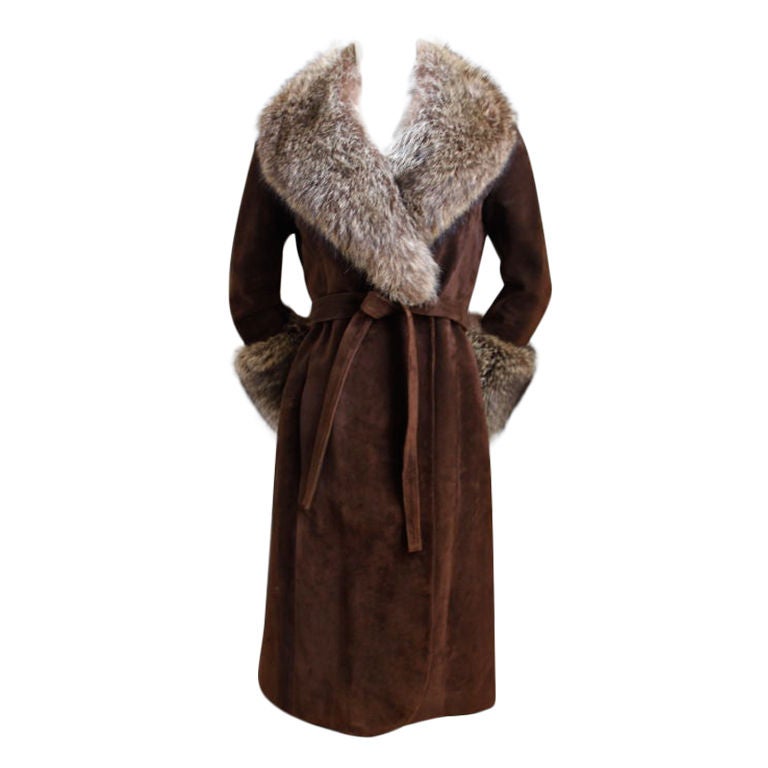1970's LOEWE brown suede coat with fox trim