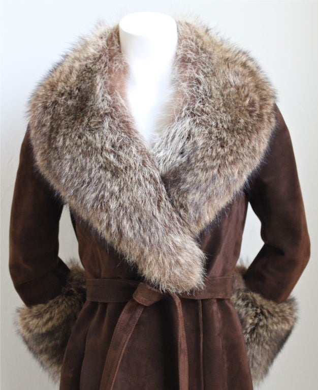 Gorgeous rich brown suede wrap coat with fox fur trim from Loewe. Ca. 1970. Size 40, which fits a modern US 2 to 6. Bust 34