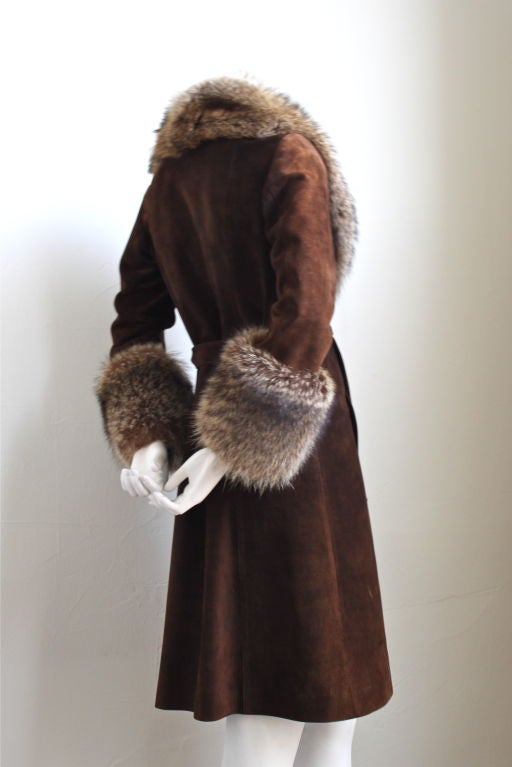 1970's LOEWE brown suede coat with fox trim 1