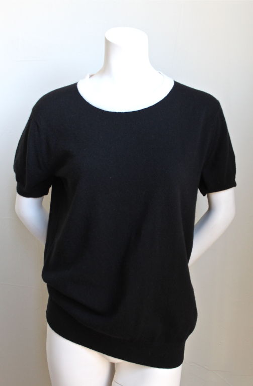 classic CHANEL jet black cashmere twinset with white trim