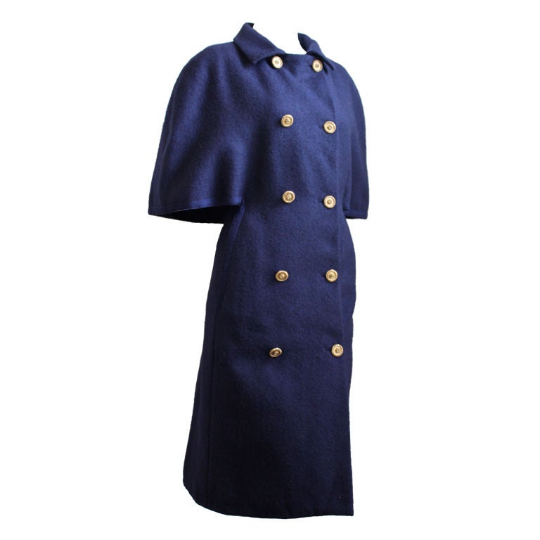 1960's BALENCIAGA haute couture navy blue wool cape coat