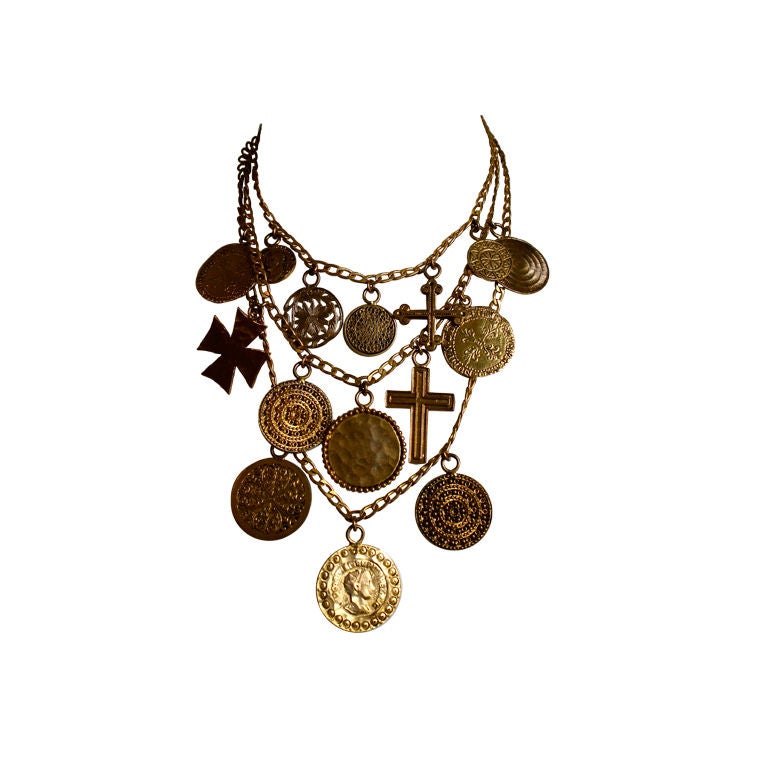 YVES SAINT LAURENT gilt coins and crosses necklace