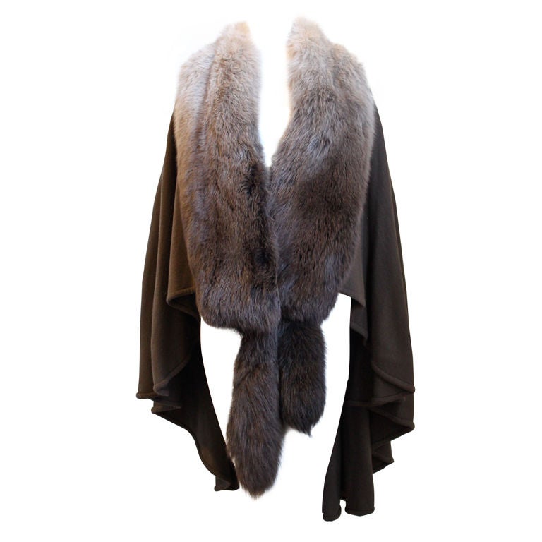 rare 1970's HALSTON cashmere cape with ombre dyed fox fur at 1stDibs