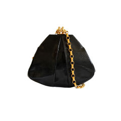 CHANEL black lizard evening bag with gilt chain