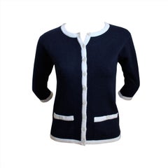 CHANEL navy blue cashmere cardigan with white trim