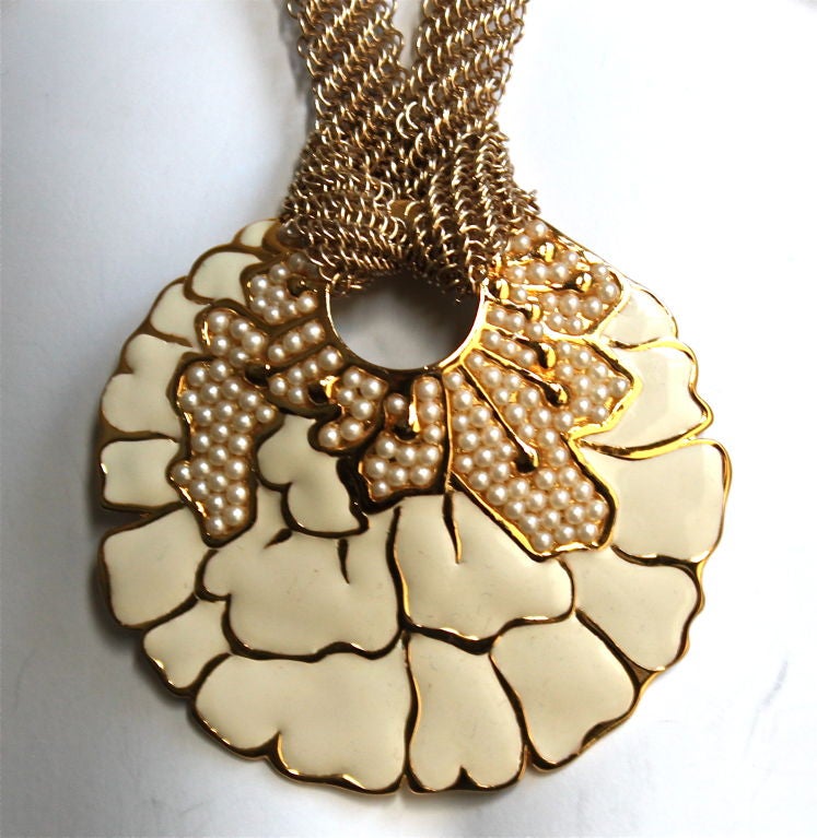 massive LANVIN gilt and enameled necklace with seed pearls