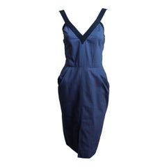 YVES SAINT LAURENT blue cotton dress with black trim