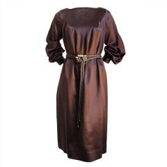 GALANOS brown satin dress with pintucks