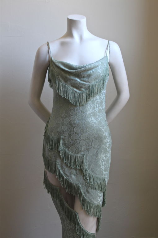 1990's CHRISTIAN DIOR mint floral brocade dress with fringe