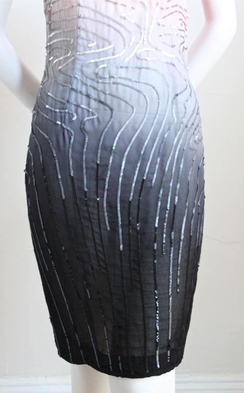 Black 1970's HALSTON fuchsia grey & navy ombré silk dress with sequins