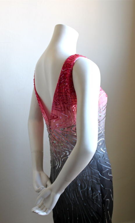1970's HALSTON fuchsia grey & navy ombré silk dress with sequins In Good Condition In San Fransisco, CA