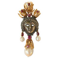 TONY DUQUETTE, Gold, Pearl & Ruby Brooch