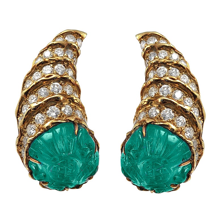Fred Paris Carved Emerald Diamond Gold Earclips For Sale