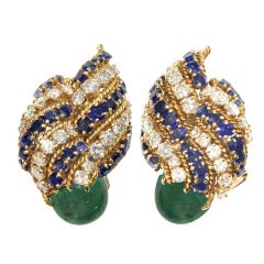 Vintage David Webb Sapphire Emerald Diamond Ear Clips