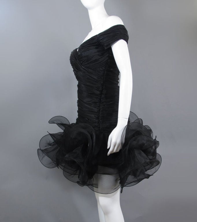 David Fielden '80s Ruched Organza Party Dress Wired Ruffle Hem