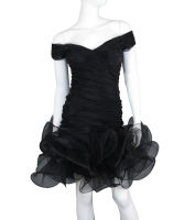 David Fielden '80s Ruched Organza Party Dress Wired Ruffle Hem