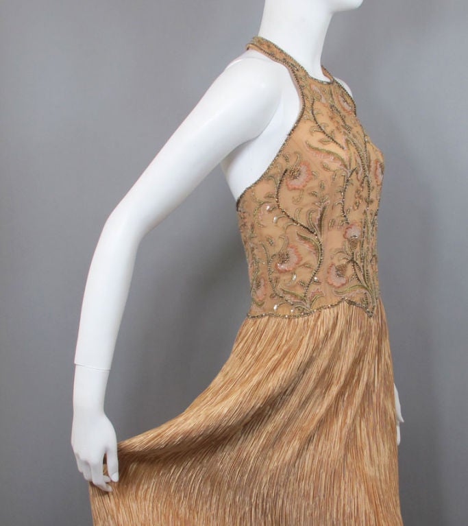 Mary McFadden Couture Beaded Halter Apricot Evening Gown - Sz 4 2