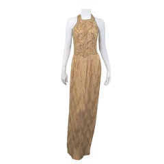 Mary McFadden Couture Beaded Halter Apricot Evening Gown - Sz 4