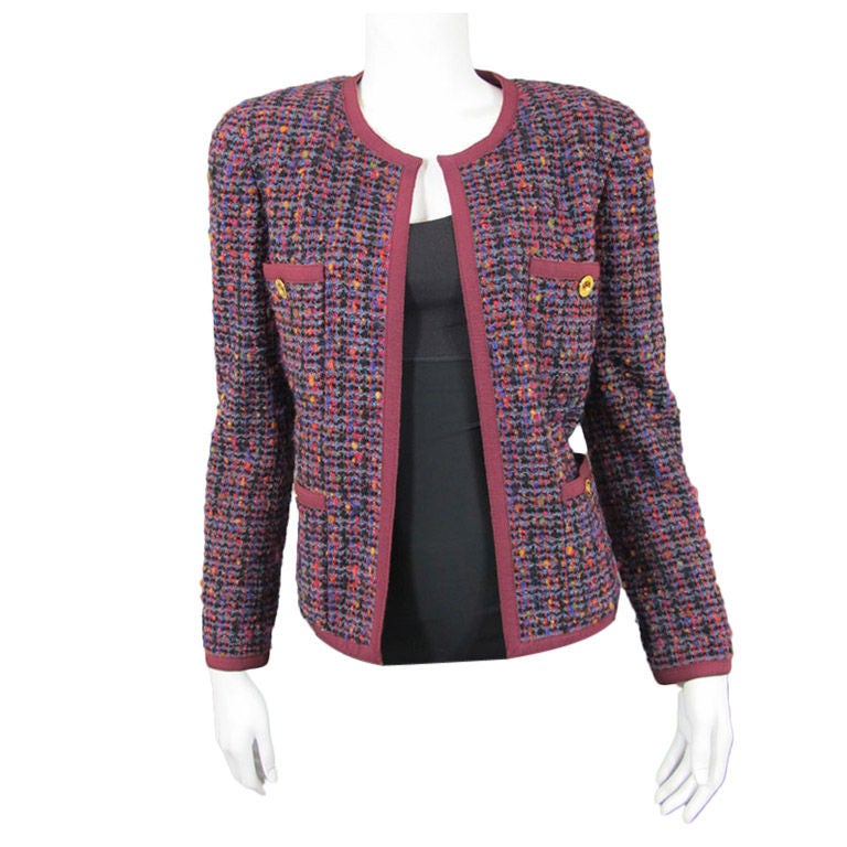 CHANEL CC Logo Vintage Tweed Boucle Fitted Jacket Red Gold