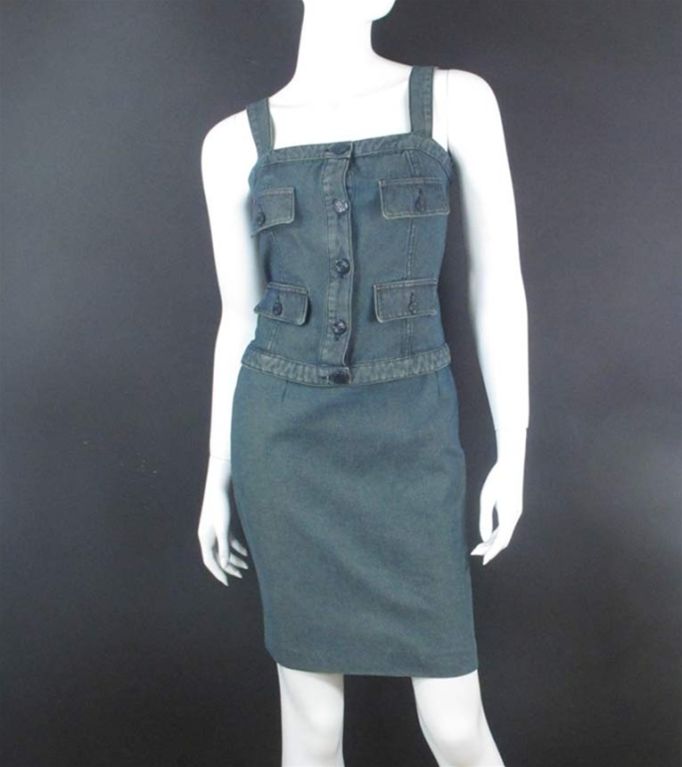 Women's CHANEL Prewashed Blue Denim Skirt Suit  & Bustier Size 36 For Sale