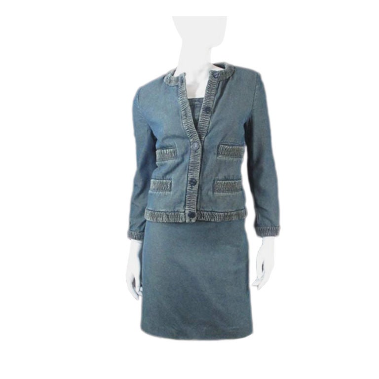CHANEL Prewashed Blue Denim Skirt Suit  & Bustier Size 36 For Sale