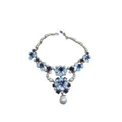 Christian Dior Vintage Blue Cabuchon Pearl Crystal Bib Necklace