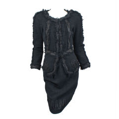 CHANEL Black Boucle Suit Handstitched Silk Ribbon & Fringe Trim