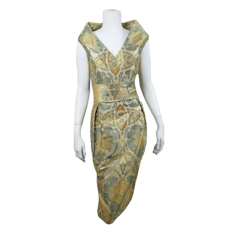 Alexander McQueen Beige Green Paisley Silk Dress 44 10 For Sale