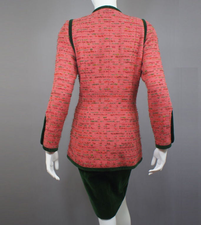 pink and green tweed suit