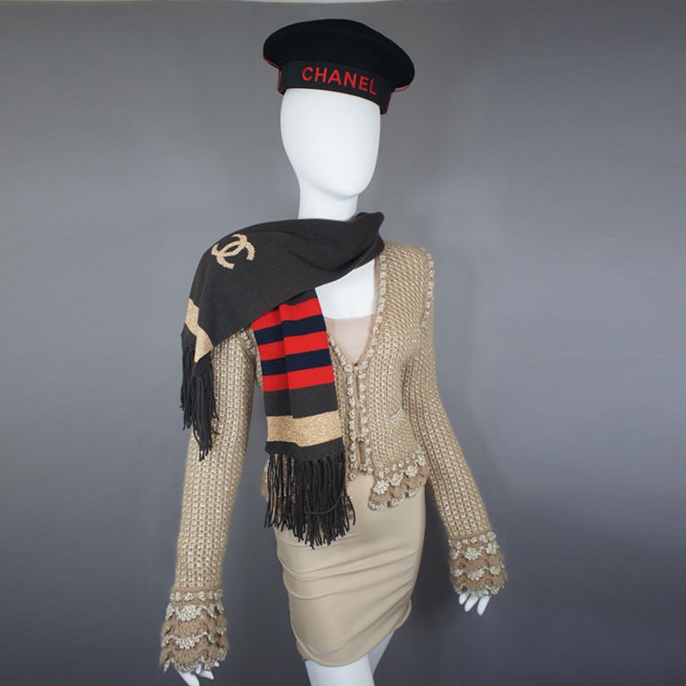 Women's CHANEL Brown Cashmere Icon Scarf with Gold, Red & Navy Accents