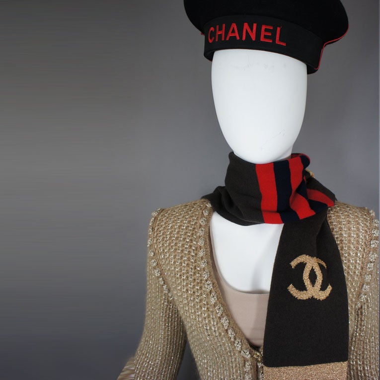 CHANEL Brown Cashmere Icon Scarf with Gold, Red & Navy Accents 1