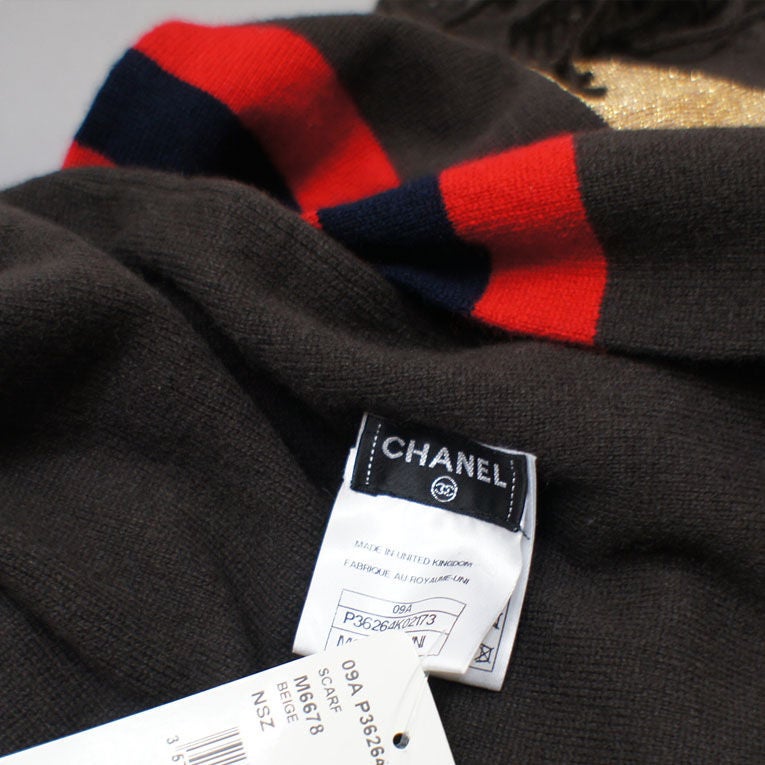 CHANEL Brown Cashmere Icon Scarf with Gold, Red & Navy Accents 2