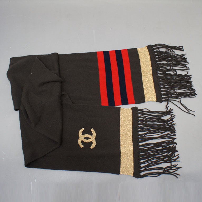 CHANEL Brown Cashmere Icon Scarf with Gold, Red & Navy Accents 3