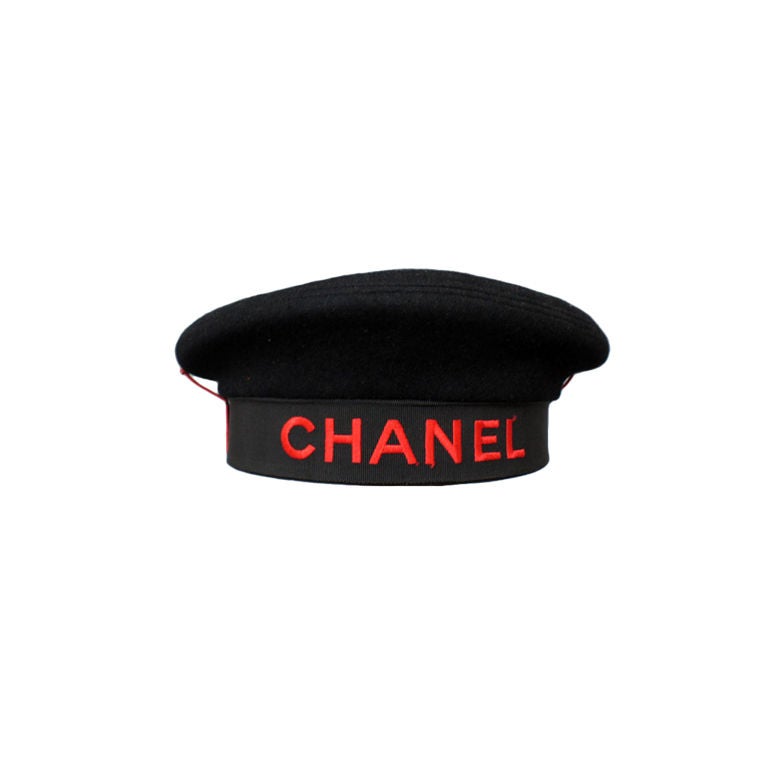 CHANEL Iconic Black Beret with Stitched Red CHANEL Typography at 1stDibs