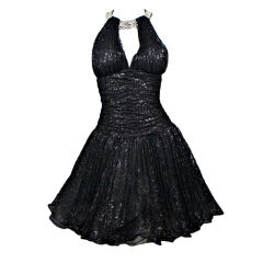 Vintage Vicky Tiel Black Metallic Lace Evening Dress with Crinoline