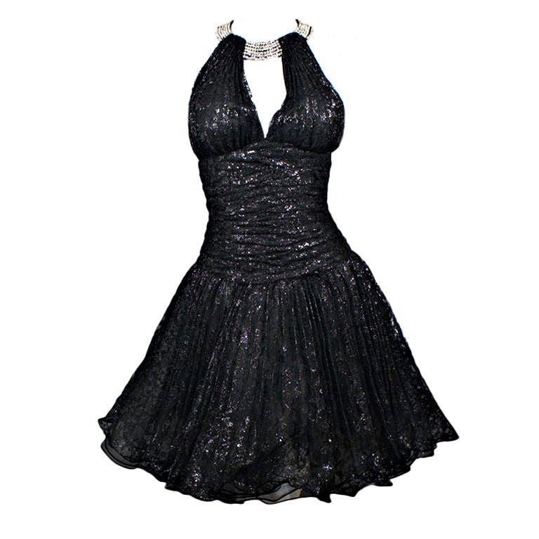 Vicky Tiel Black Metallic Lace Evening Dress with Crinoline For Sale