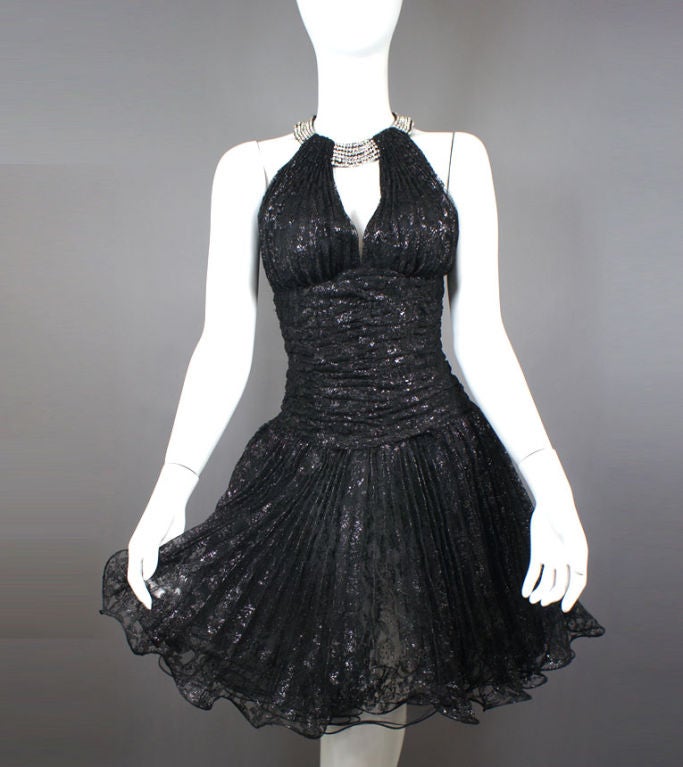 Women's Vicky Tiel Black Metallic Lace Evening Dress with Crinoline For Sale