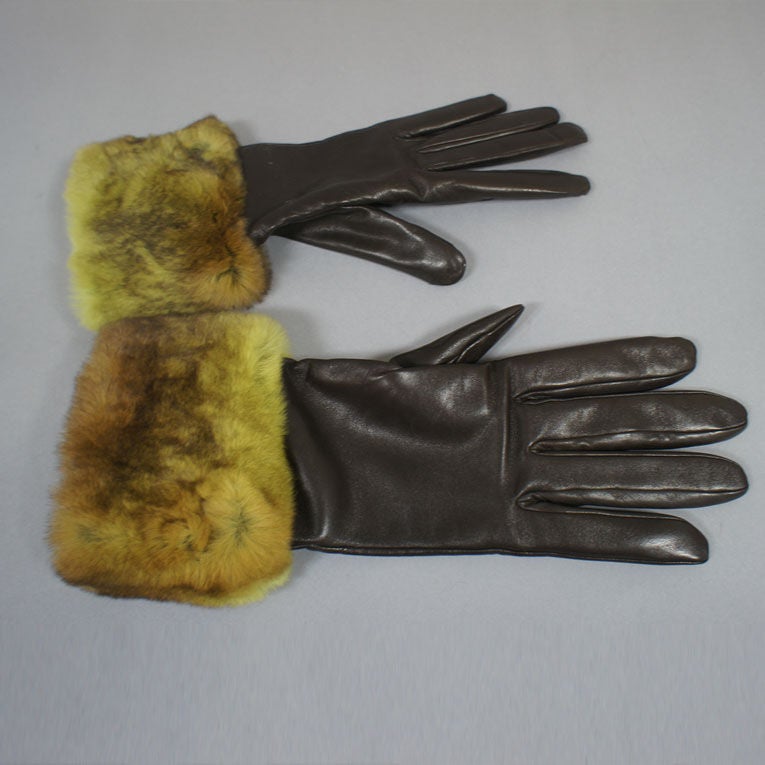 CHANEL Rabbit Fur Cuffed Brown Leather Gloves at 1stDibs