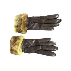 CHANEL Rabbit Fur Cuffed Brown Leather Gloves