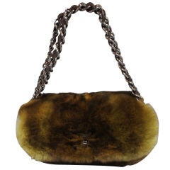 CHANEL Chartreuse & Brown Rabbit Fur Plush Flap Bag